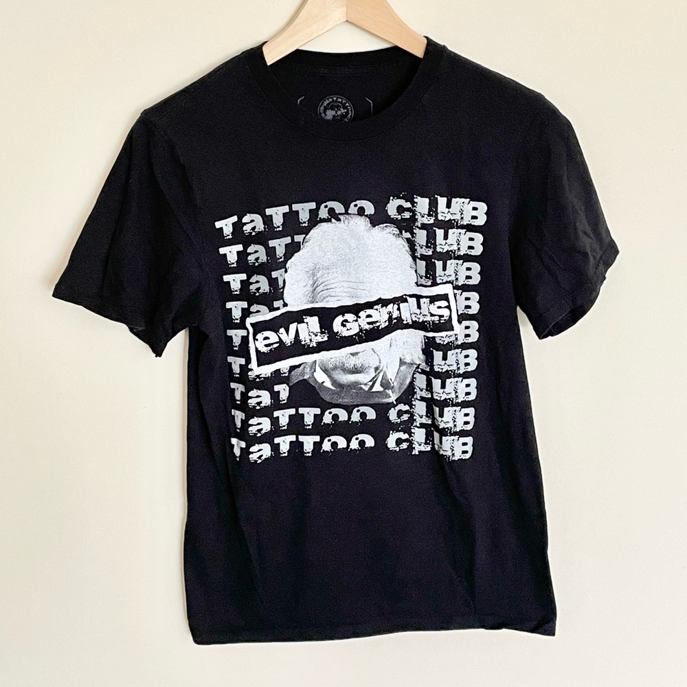 Evil Genius Tattoo Club Einstein Graphic Font Black T Shirt Adult Sz Small